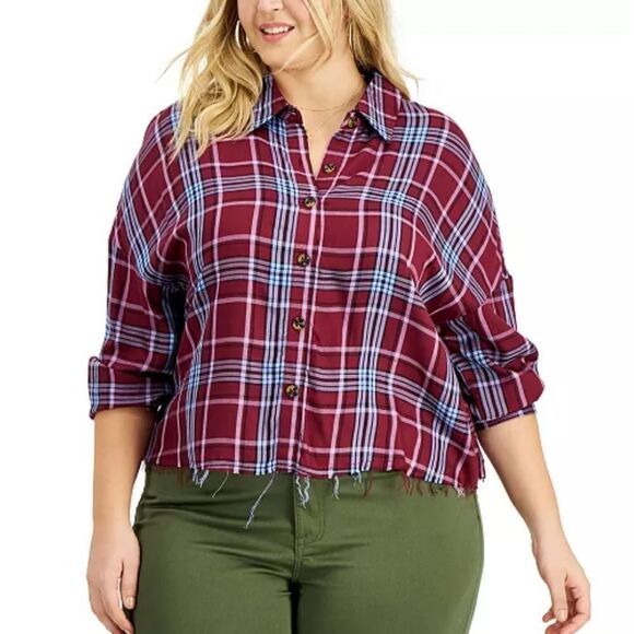 Love, Fire Raw Hem Plaid Button-Down Top sz 1x - Picture 1 of 14